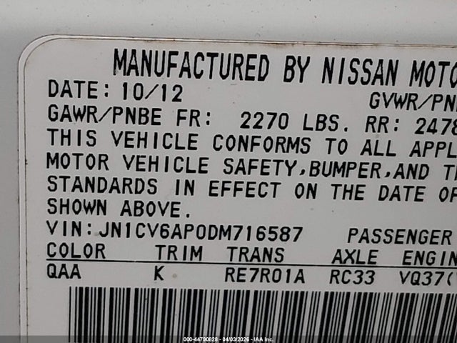 Продажа на аукционе авто 2013 Infiniti G37 Journey, vin: JN1CV6AP0DM716587, номер лота: 44790828
