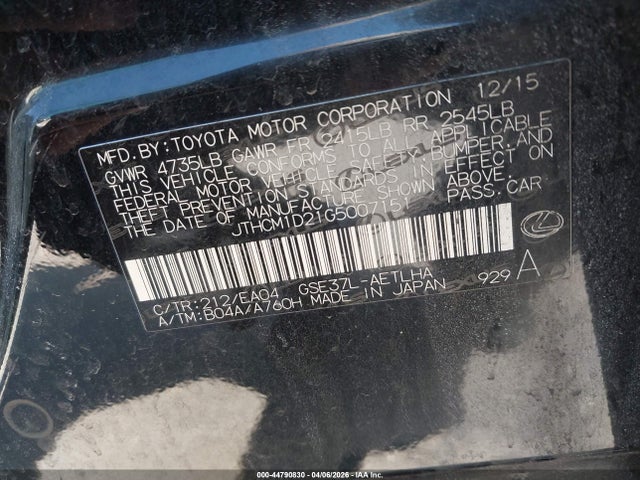 44790830 :رقم المزاد ، JTHCM1D21G5007151 vin ، 2016 Lexus Is 300 مزاد بيع