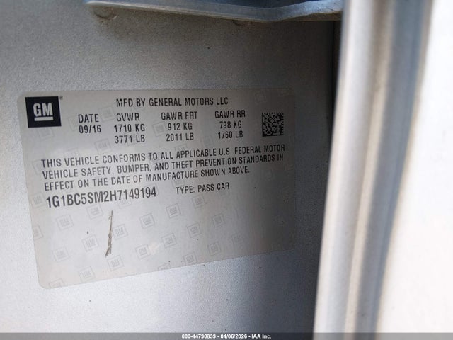 44790839 :رقم المزاد ، 1G1BC5SM2H7149194 vin ، 2017 Chevrolet Cruze Ls Auto مزاد بيع