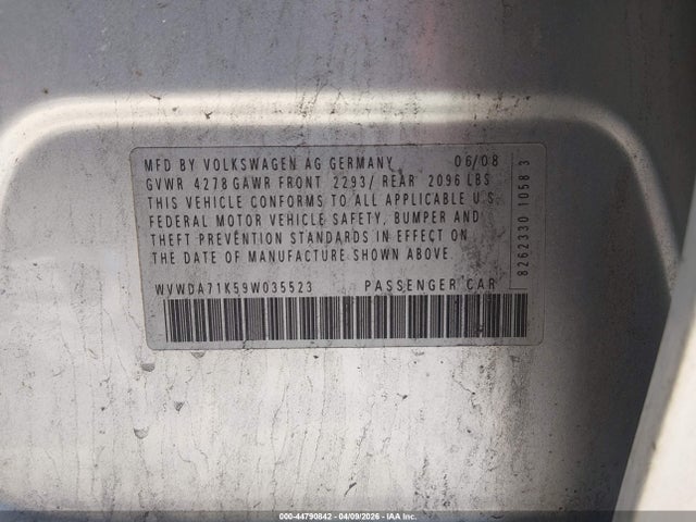44790842 :رقم المزاد ، WVWDA71K59W035523 vin ، 2009 Volkswagen Rabbit S مزاد بيع