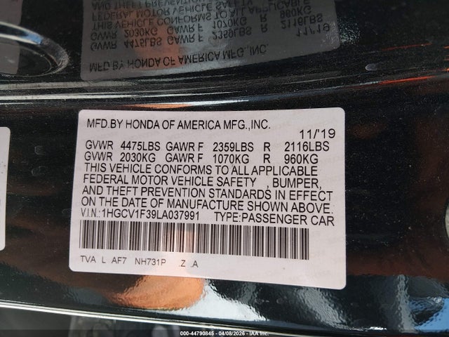 44790845 :رقم المزاد ، 1HGCV1F39LA037991 vin ، 2020 Honda Accord Sport مزاد بيع