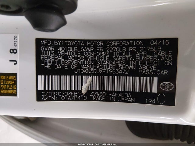 Toyota Prius Three 2015 JTDKN3DUXF1953472 Image 9