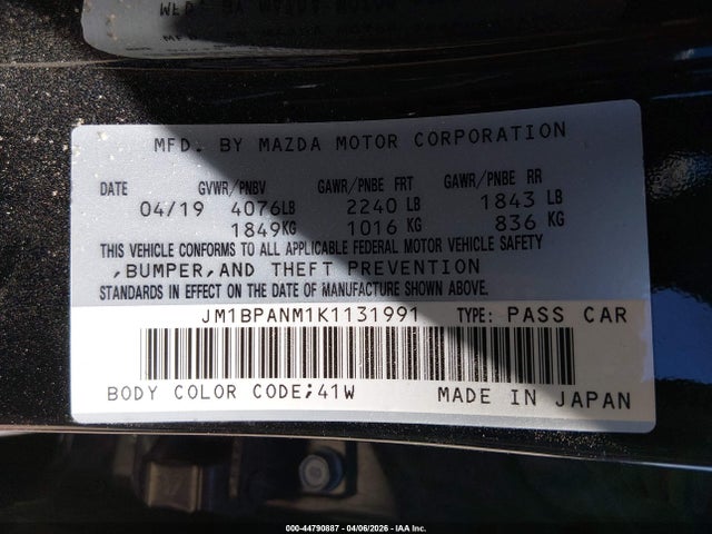 2019 Mazda Mazda3 Premium Package მანქანა იყიდება აუქციონზე, vin: JM1BPANM1K1131991, აუქციონის ნომერი: 44790887