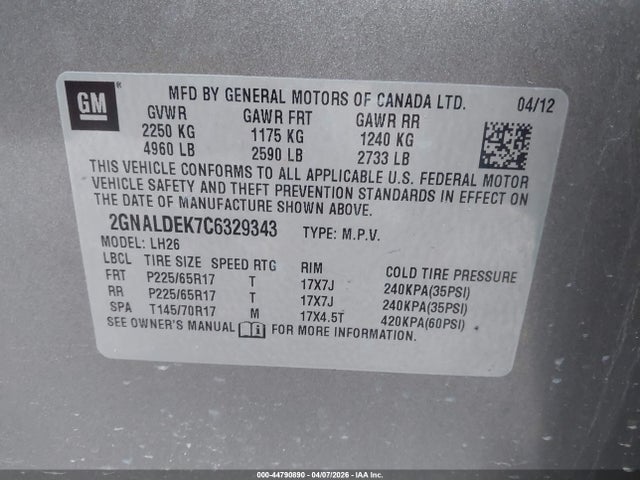 Продаж на аукціоні авто 2012 Chevrolet Equinox 1lt, vin: 2GNALDEK7C6329343, номер лоту: 44790890