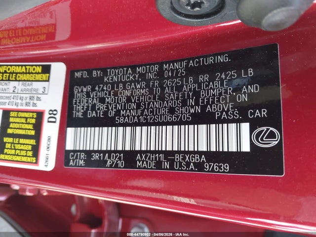 Продажа на аукционе авто 2025 Lexus Es 300h, vin: 58ADA1C12SU066705, номер лота: 44790902