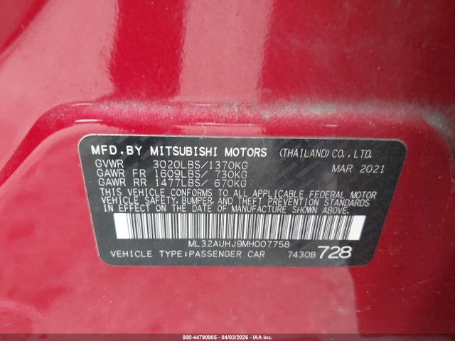 Aukcja sprzedaży 2021 Mitsubishi Mirage Carbonite Edition/es/le, vin: ML32AUHJ9MH007758, numer aukcji: 44790905