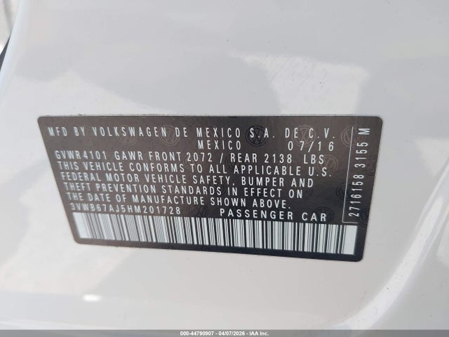 Продаж на аукціоні авто 2017 Volkswagen Jetta 1.4t Se, vin: 3VWB67AJ5HM201728, номер лоту: 44790907