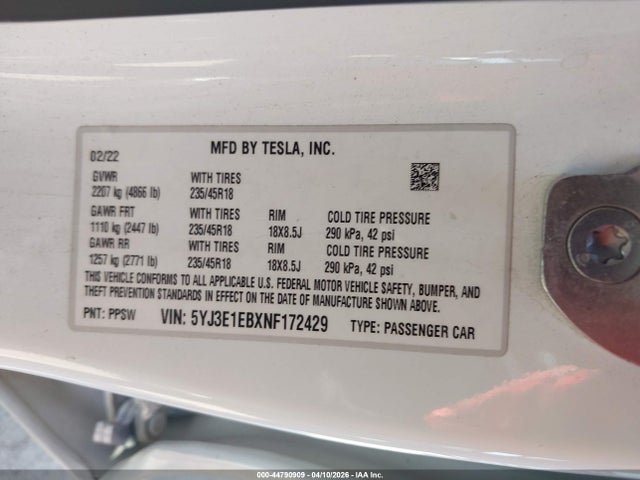 Продаж на аукціоні авто 2022 Tesla Model 3 Long Range Dual Motor All-wheel Drive, vin: 5YJ3E1EBXNF172429, номер лоту: 44790909