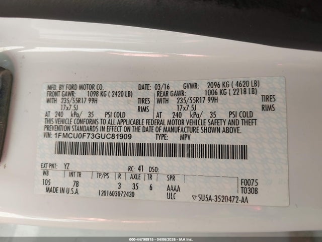 44790915 :رقم المزاد ، 1FMCU0F73GUC81909 vin ، 2016 Ford Escape S مزاد بيع
