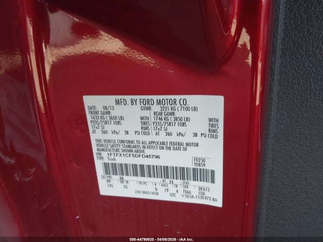Продажа на аукционе авто 2013 Ford F-150 Xlt, vin: 1FTFX1CF5DFD45796, номер лота: 44790920