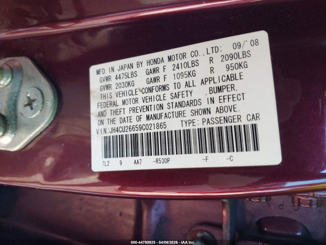 44790925 :رقم المزاد ، JH4CU26659C021865 vin ، 2009 Acura Tsx مزاد بيع