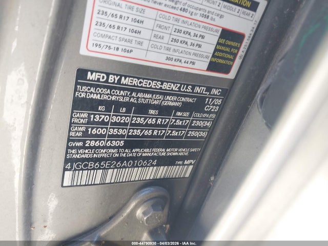 Aukcja sprzedaży 2006 Mercedes-benz R 350 4matic, vin: 4JGCB65E26A010624, numer aukcji: 44790930