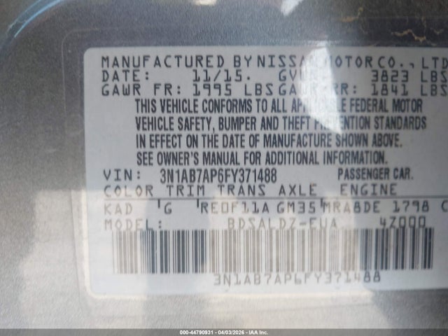 Aukcja sprzedaży 2015 Nissan Sentra Sv, vin: 3N1AB7AP6FY371488, numer aukcji: 44790931