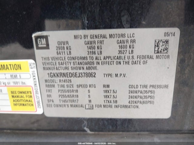 44790946 :رقم المزاد ، 1GKKRNED6EJ378062 vin ، 2014 Gmc Acadia Sle-1 مزاد بيع