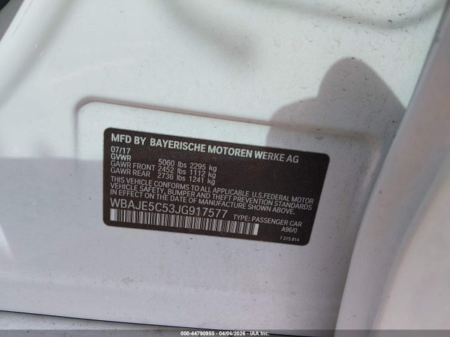 2018 Bmw 540i მანქანა იყიდება აუქციონზე, vin: WBAJE5C53JG917577, აუქციონის ნომერი: 44790955