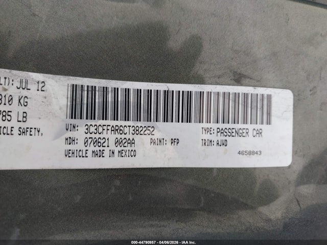 44790957 :رقم المزاد ، 3C3CFFAR6CT382252 vin ، 2012 Fiat 500 Pop مزاد بيع