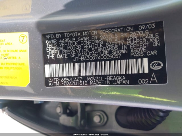 Aukcja sprzedaży 2004 Lexus Es 330, vin: JTHBA30G740005057, numer aukcji: 44790958