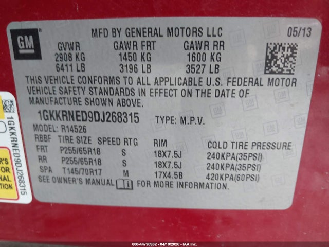 Продаж на аукціоні авто 2013 Gmc Acadia Sle-1, vin: 1GKKRNED9DJ268315, номер лоту: 44790962