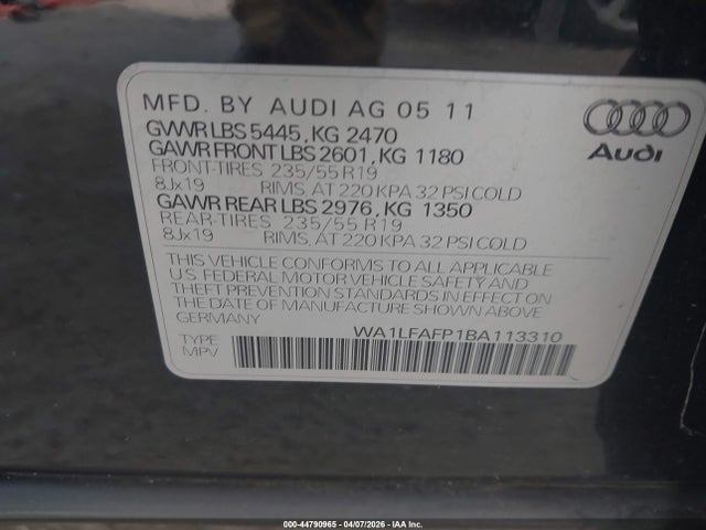 Продаж на аукціоні авто 2011 Audi Q5 2.0t Premium, vin: WA1LFAFP1BA113310, номер лоту: 44790965