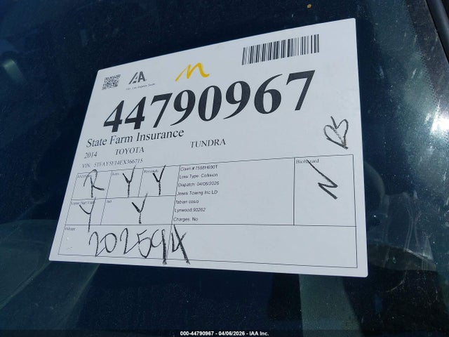 Продаж на аукціоні авто 2014 Toyota Tundra Platinum 5.7l V8, vin: 5TFAY5F14EX366715, номер лоту: 44790967