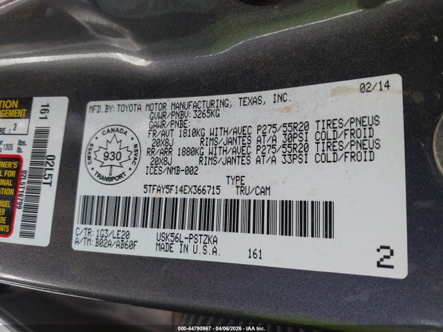 Продаж на аукціоні авто 2014 Toyota Tundra Platinum 5.7l V8, vin: 5TFAY5F14EX366715, номер лоту: 44790967