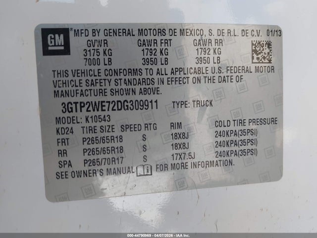 Aukcja sprzedaży 2013 Gmc Sierra 1500 Slt, vin: 3GTP2WE72DG309911, numer aukcji: 44790969