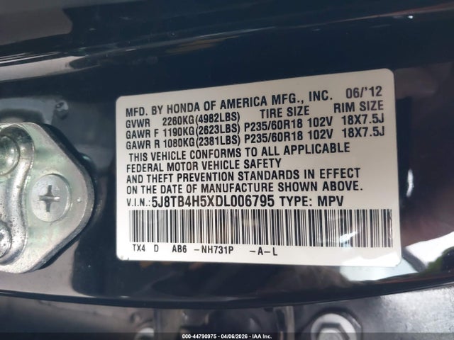 44790975 :رقم المزاد ، 5J8TB4H5XDL006795 vin ، 2013 Acura Rdx مزاد بيع