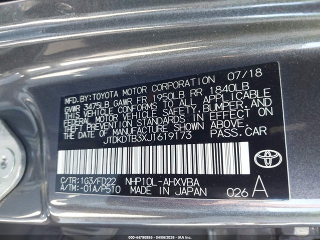 2018 Toyota Prius C One მანქანა იყიდება აუქციონზე, vin: JTDKDTB3XJ1619173, აუქციონის ნომერი: 44790985