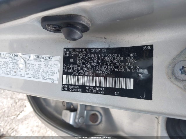 Aukcja sprzedaży 2003 Toyota Highlander V6, vin: JTEGF21A630110244, numer aukcji: 44790987