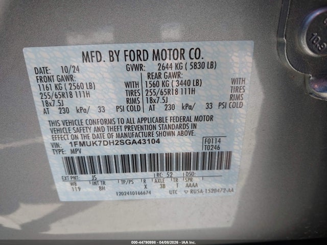 2025 Ford Explorer Active მანქანა იყიდება აუქციონზე, vin: 1FMUK7DH2SGA43104, აუქციონის ნომერი: 44790998