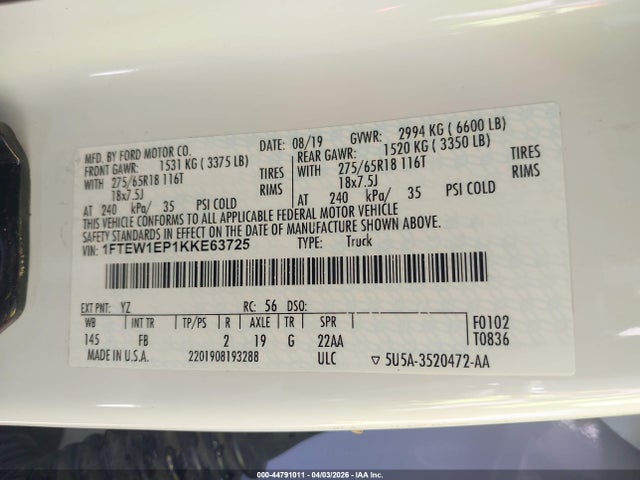 44791011 :رقم المزاد ، 1FTEW1EP1KKE63725 vin ، 2019 Ford F-150 Xlt مزاد بيع