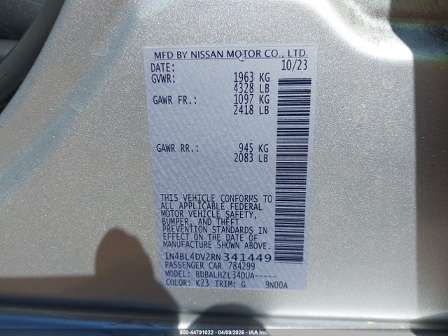 2024 Nissan Altima Sv Fwd მანქანა იყიდება აუქციონზე, vin: 1N4BL4DV2RN341449, აუქციონის ნომერი: 44791022