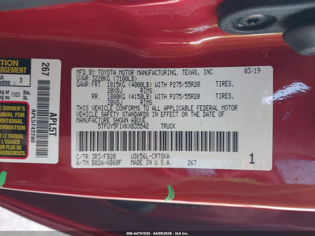 2019 TOYOTA TUNDRA 5TFUY5F1XKX835542 Photo 8