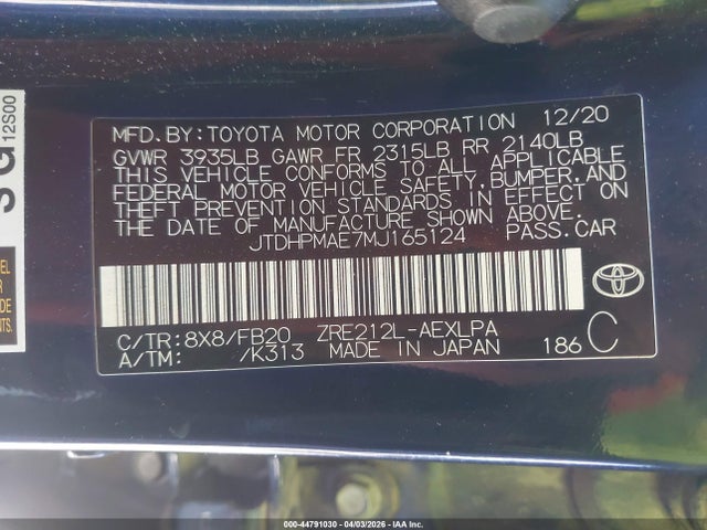 JTDHPMAE7MJ165124 Toyota COROLLA LE