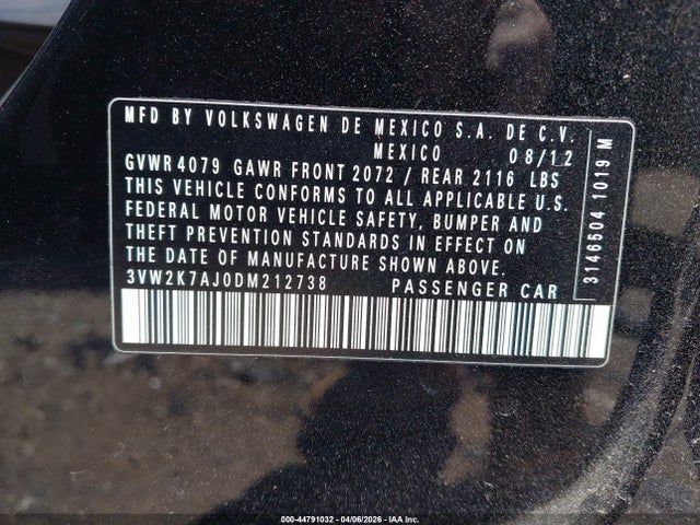 Продаж на аукціоні авто 2013 Volkswagen Jetta 2.0l S, vin: 3VW2K7AJ0DM212738, номер лоту: 44791032