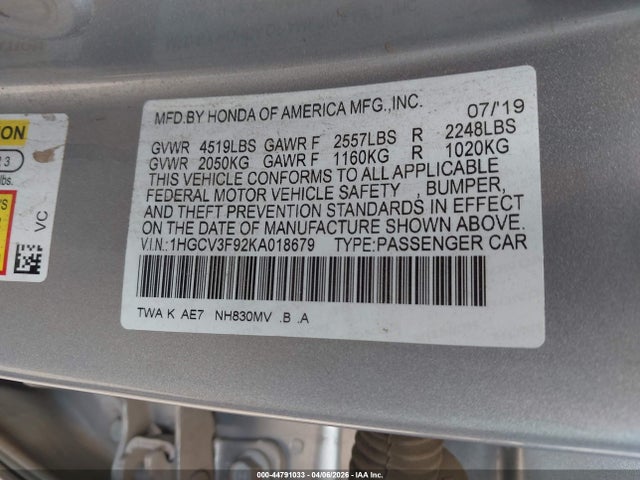 1HGCV3F92KA018679 Honda Accord Hybrid Touring