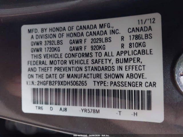 44791048 :رقم المزاد ، 2HGFB2F9XDH506265 vin ، 2013 Honda Civic Ex-l مزاد بيع