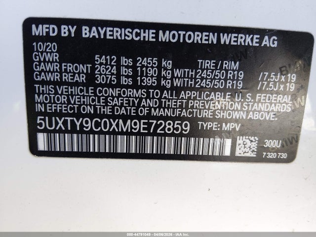 2021 Bmw X3 M40i მანქანა იყიდება აუქციონზე, vin: 5UXTY9C0XM9E72859, აუქციონის ნომერი: 44791049