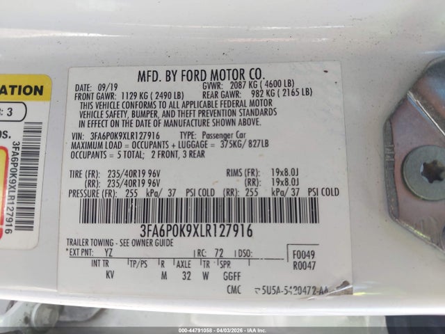Продаж на аукціоні авто 2020 Ford Fusion Titanium, vin: 3FA6P0K9XLR127916, номер лоту: 44791058