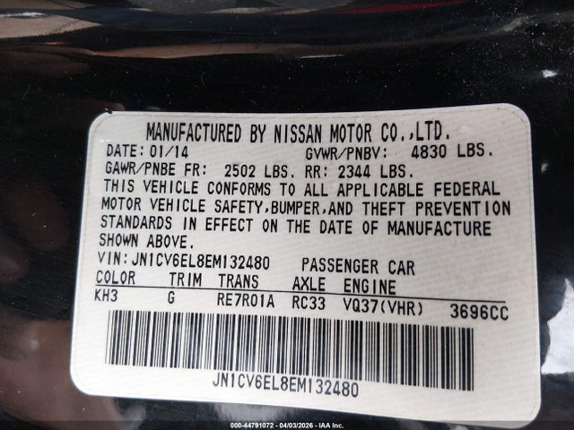 Aukcja sprzedaży 2014 Infiniti Q60, vin: JN1CV6EL8EM132480, numer aukcji: 44791072
