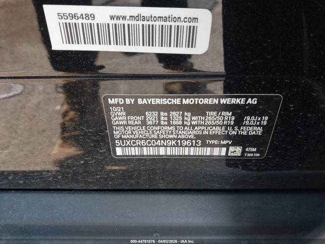 44791076 :رقم المزاد ، 5UXCR6C04N9K19613 vin ، 2022 Bmw X5 Xdrive40i مزاد بيع