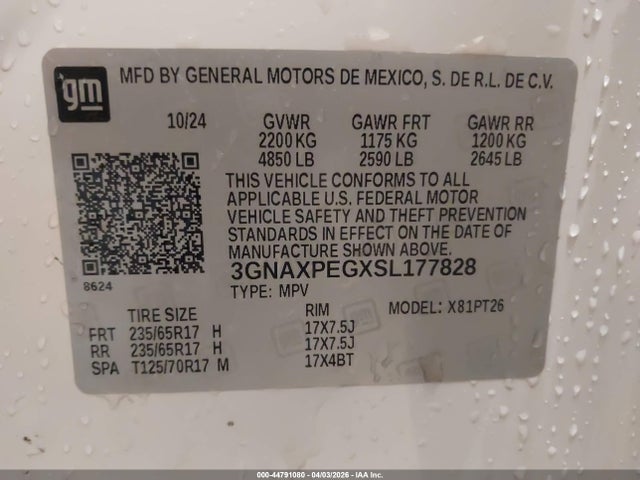 44791080 :رقم المزاد ، 3GNAXPEGXSL177828 vin ، 2025 Chevrolet Equinox Awd Lt مزاد بيع