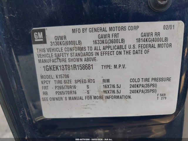 44791086 :رقم المزاد ، 1GKEK13T81R158681 vin ، 2001 Gmc Yukon Slt مزاد بيع