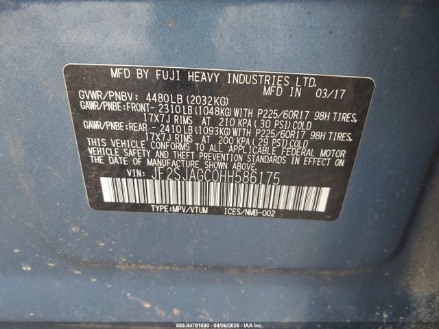 Продаж на аукціоні авто 2017 Subaru Forester 2.5i Premium, vin: JF2SJAGC0HH586175, номер лоту: 44791098