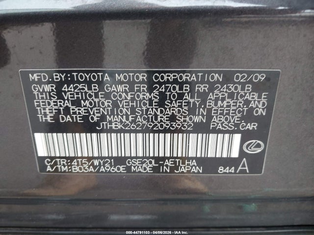 Aukcja sprzedaży 2009 Lexus Is 250, vin: JTHBK262792093932, numer aukcji: 44791103