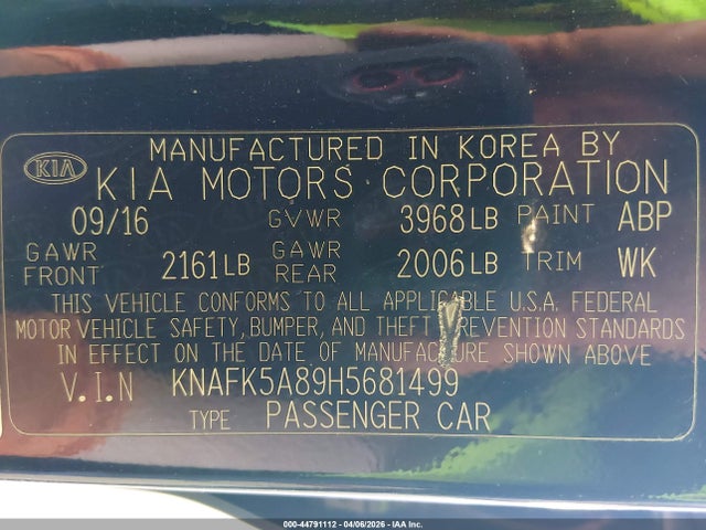 KNAFK5A89H5681499 KIA FORTE LX