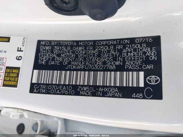 JTDKARFU7G3027788 Toyota Prius Four