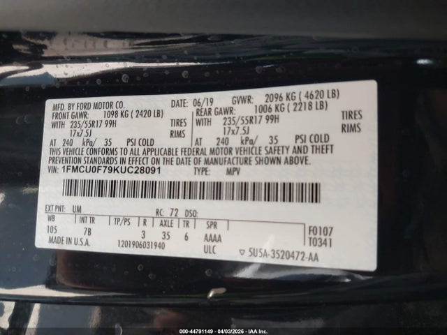 Ford ESCAPE S 2019 1FMCU0F79KUC28091 Image 9