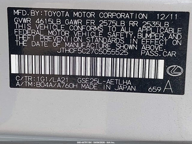 Aukcja sprzedaży 2012 Lexus Is 250, vin: JTHCF5C27C5055525, numer aukcji: 44791164