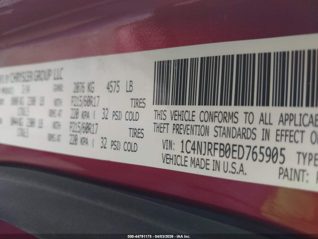 Продаж на аукціоні авто 2014 Jeep Patriot Latitude, vin: 1C4NJRFB0ED765905, номер лоту: 44791175